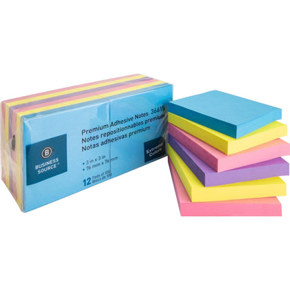 Business Source 3x3 Extreme Colors Adhesive Notes - 12-Pack Square Flags - & Dispensers