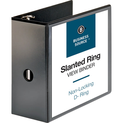Business Source Basic D-Ring View Binder - 5’’ Capacity - Letter Size - Black Polypropylene - Clear Overlay