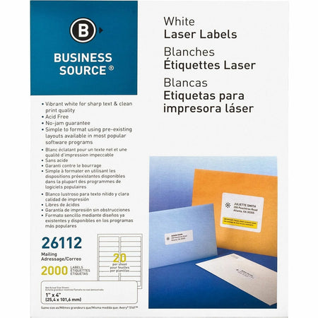 Business Source Bright White Premium-quality Address Labels - 1’’ Width x 4’’ Length - Permanent Adhesive - Rectangle