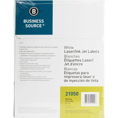Business Source Bright White Address Labels - Premium Quality Jam-Free - 1’’ x 2 5/8’’ - 3000 Pack - Shipping