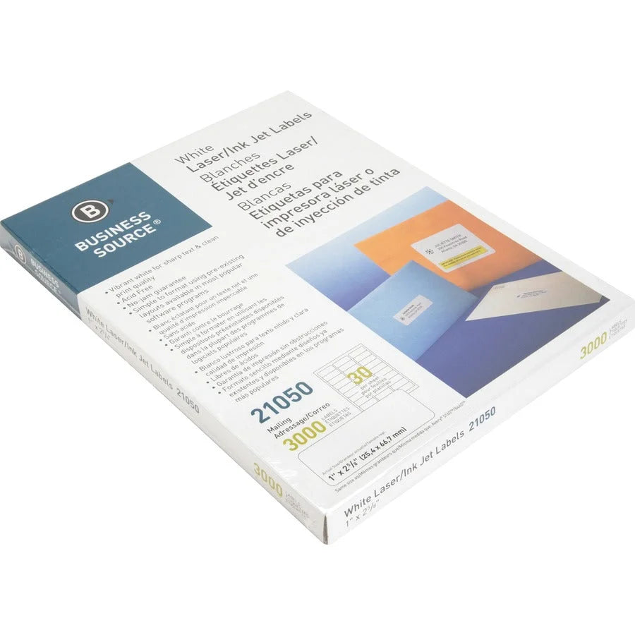 Business Source Bright White Address Labels - Premium Quality Jam-Free - 1’’ x 2 5/8’’ - 3000 Pack - Shipping