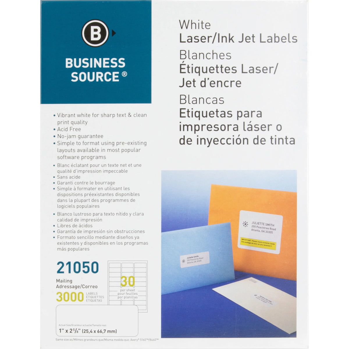 Business Source Bright White Address Labels - Premium Quality Jam-Free - 1’’ x 2 5/8’’ - 3000 Pack - Shipping