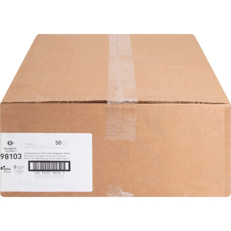 Business Source Carbonless Cash Register Rolls - 3’’ x 90 ft - SFI Certified - White - 50 / Carton - Thermal Receipts
