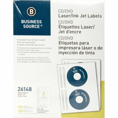 Business Source CD/DVD Labels: 4 5/8’’ Circle Permanent Adhesive White - 100/Pack - Media Labels