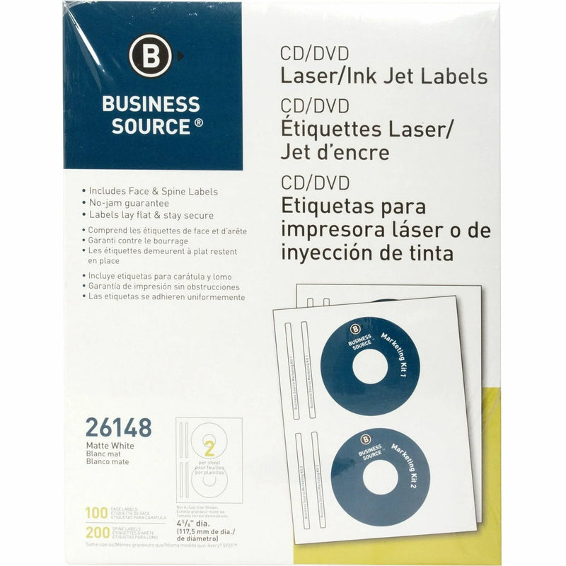 Business Source CD/DVD Labels: 4 5/8’’ Circle Permanent Adhesive White - 100/Pack - Media Labels