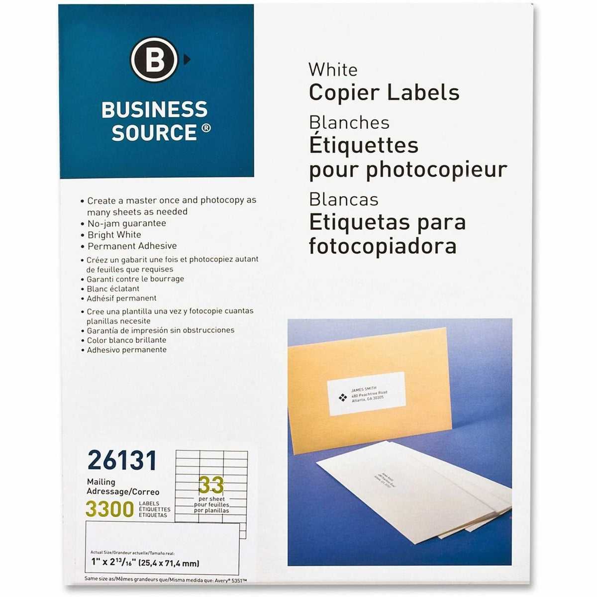 Business Source Bright White Copier Labels - 1’’ Width x 2 13/16’’ Length - Rectangle - Lignin-free Jam-free - Address