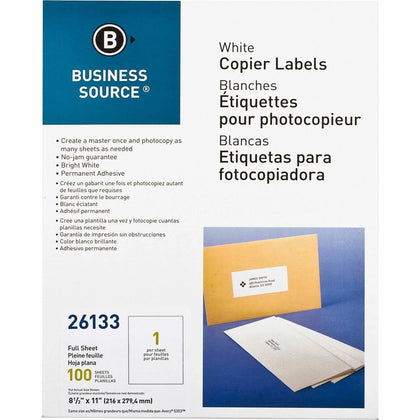 Business Source Copier Labels - 8.5’’x11’’ White Rectangle - Lignin-free Jam-free - 100/Pack - Address / Shipping