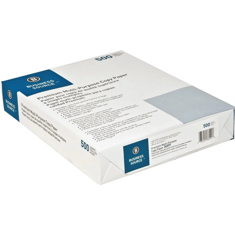 Business Source Copy Paper: White 92 Brightness Letter Size 20 lb Acid-free - 500 Sheets x 10 Carton - & Printer Paper