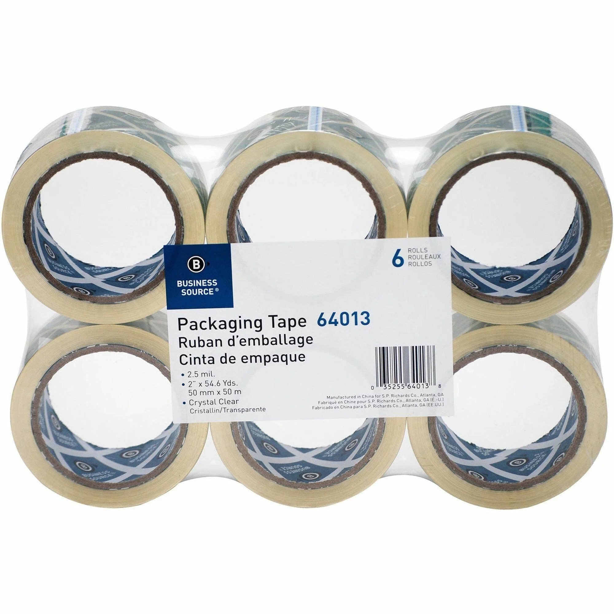 Business Source Crystal Clear Packaging Tape - 55 yd x 2’’ - 3’’ Core - 6/Pack - Packing & Dispensers
