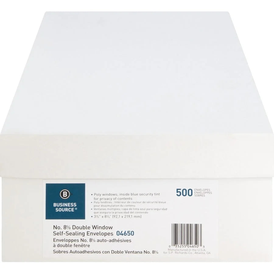 Business Source Double Window No. 8-5/8 Check Envelopes - Self-sealing - 500/Box
