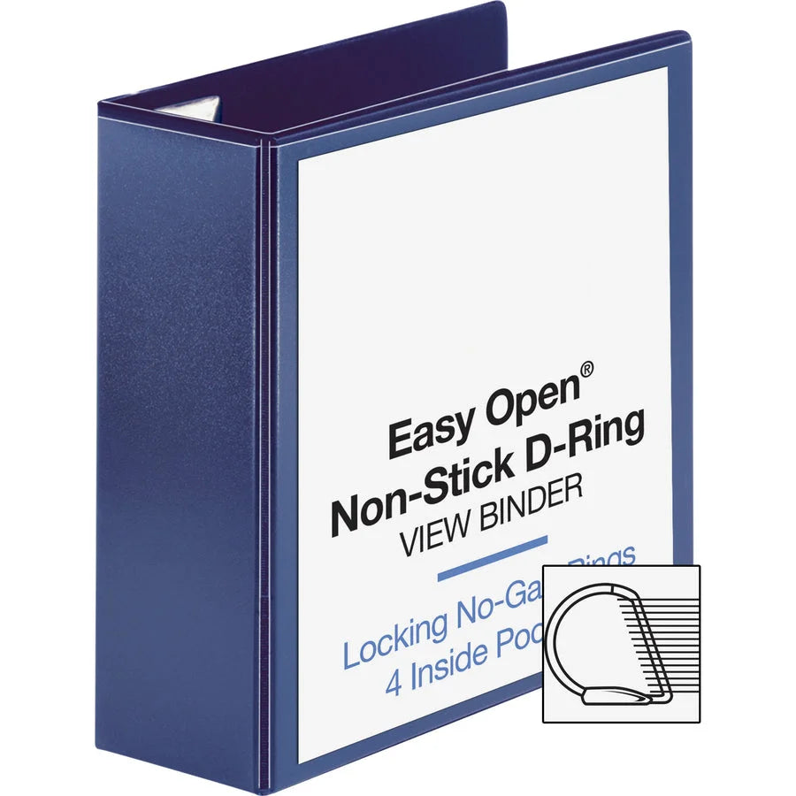 Business Source Easy Open Nonstick D-Ring View Binder - 4’’ Capacity - Navy - Polypropylene - Letter Size