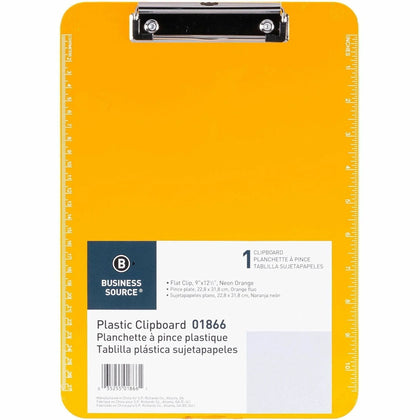 Business Source Flat Clip Clipboard: Neon Orange Plastic 9’’ x 12’’ - 1 Each - Clipboards