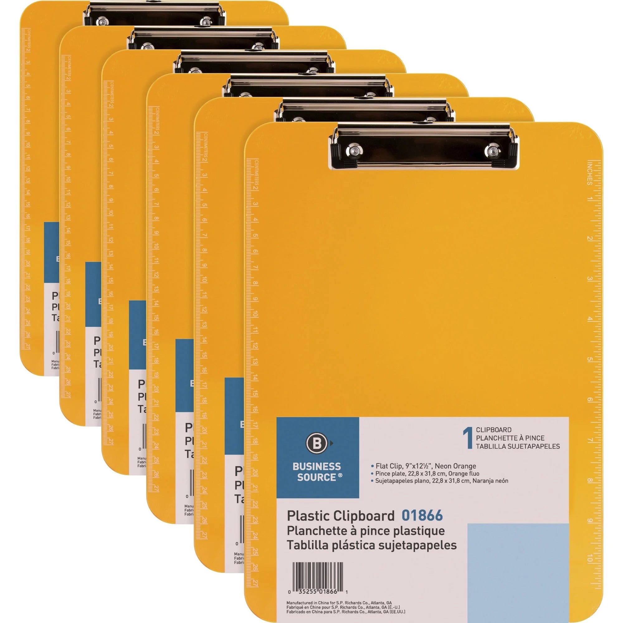 Business Source Flat Clip Clipboard: Neon Orange Plastic 9’’ x 12’’ - 6 Pack - Clipboards