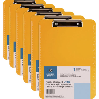 Business Source Flat Clip Clipboard: Neon Orange Plastic 9’’ x 12’’ - 6 Pack - Clipboards