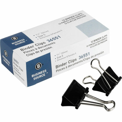 Business Source Fold-back Binder Clips - Medium Size Capacity - Black Steel - 1 Dozen - Bulldog