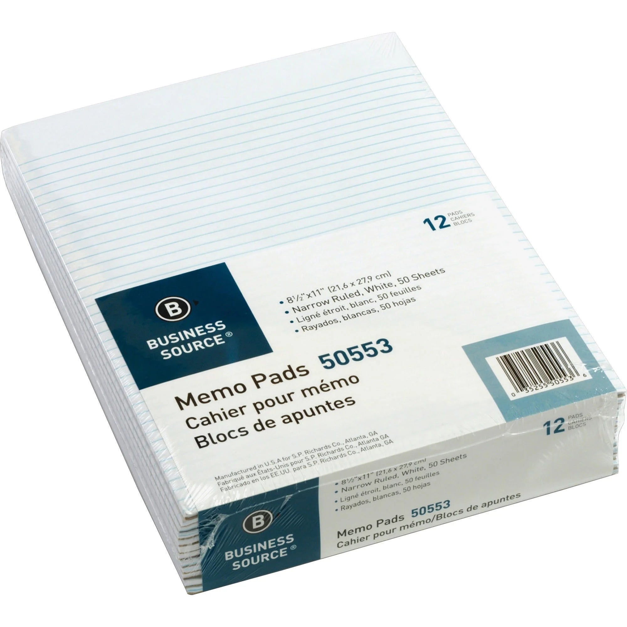 Business Source Glued Top Memo Pads: Letter Size 50 Sheets Narrow Ruled 16 lb Weight - Pack of 12 - Note Pads