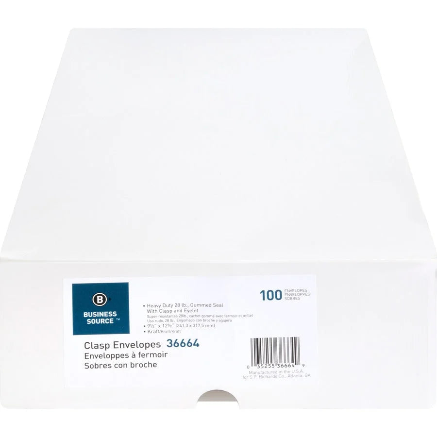 Business Source Heavy-duty Clasp Envelopes - #93 - 9.5’’ x 12.5’’ - 28 lb - Kraft - 100/Box