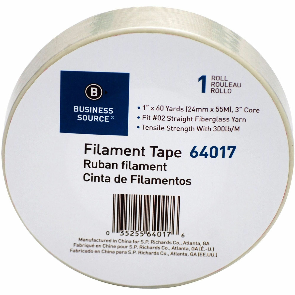 Business Source Heavy-duty Filament Tape - 60 yd Length x 1’’ Width - 3’’ Core - White - Fiberglass Roll - 1
