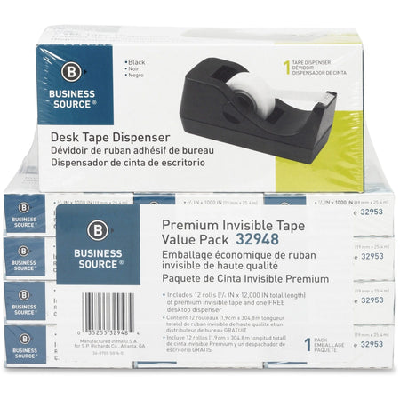 Business Source Invisible Tape Dispenser: Clear Desktop Dispenser for Multi Surface - 12 Pack - General Purpose/Office