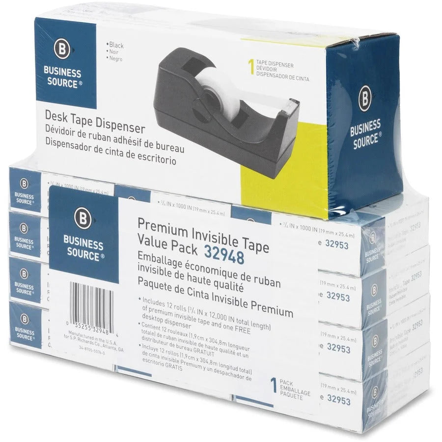 Business Source Invisible Tape Dispenser: Clear Desktop Dispenser for Multi Surface - 12 Pack - General Purpose/Office