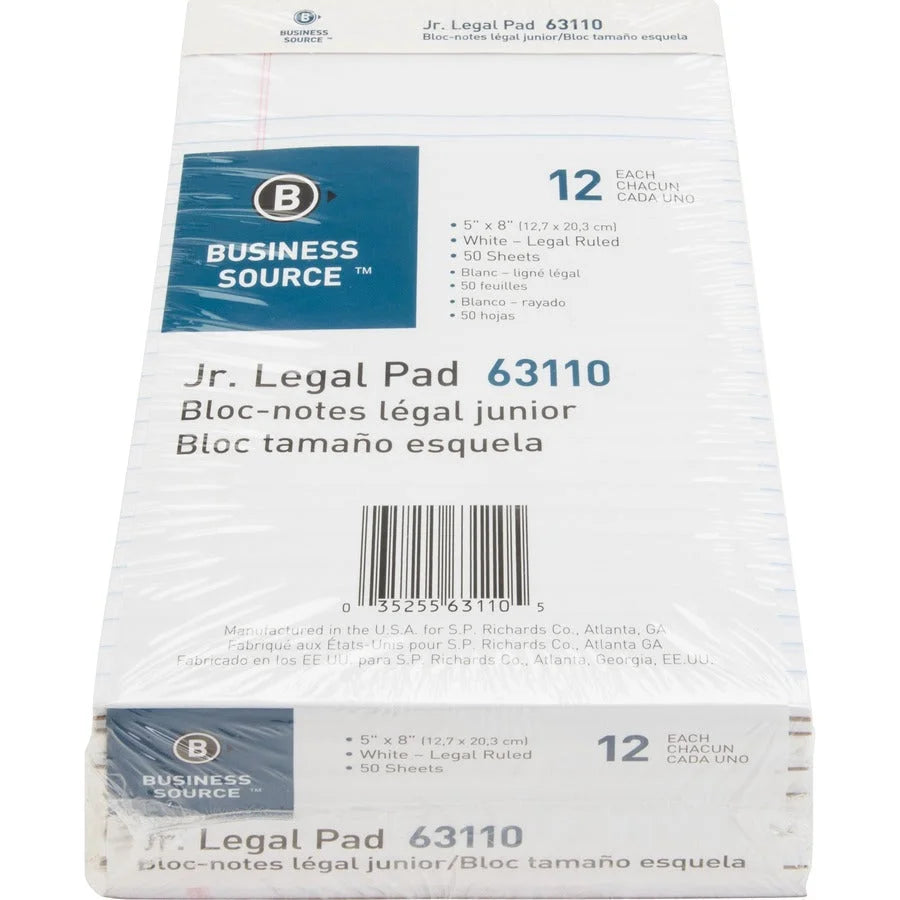 Business Source Jr. Legal Writing Pads - 50 Sheets - Micro Perforated - Sturdy Back - 1 Dozen - Letter &