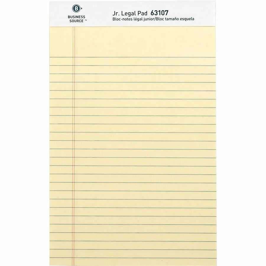 Business Source Jr. Legal Writing Pads - Canary Paper - Micro Perforated - 50 Sheets - Sturdy Back - 1 Dozen - Letter &