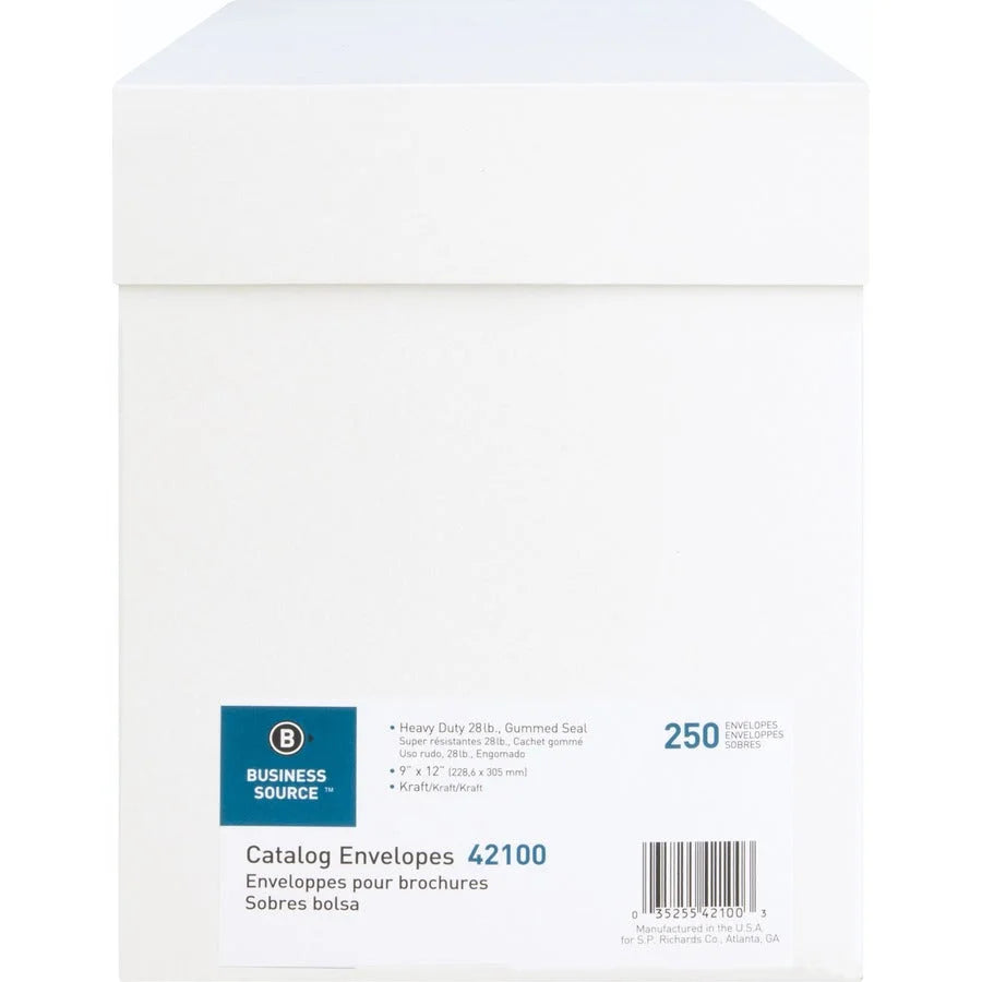 Business Source Kraft Gummed Catalog Envelopes - #10 1/2 - 9’’ x 12’’ - 28 lb - 250/Box - Large Format