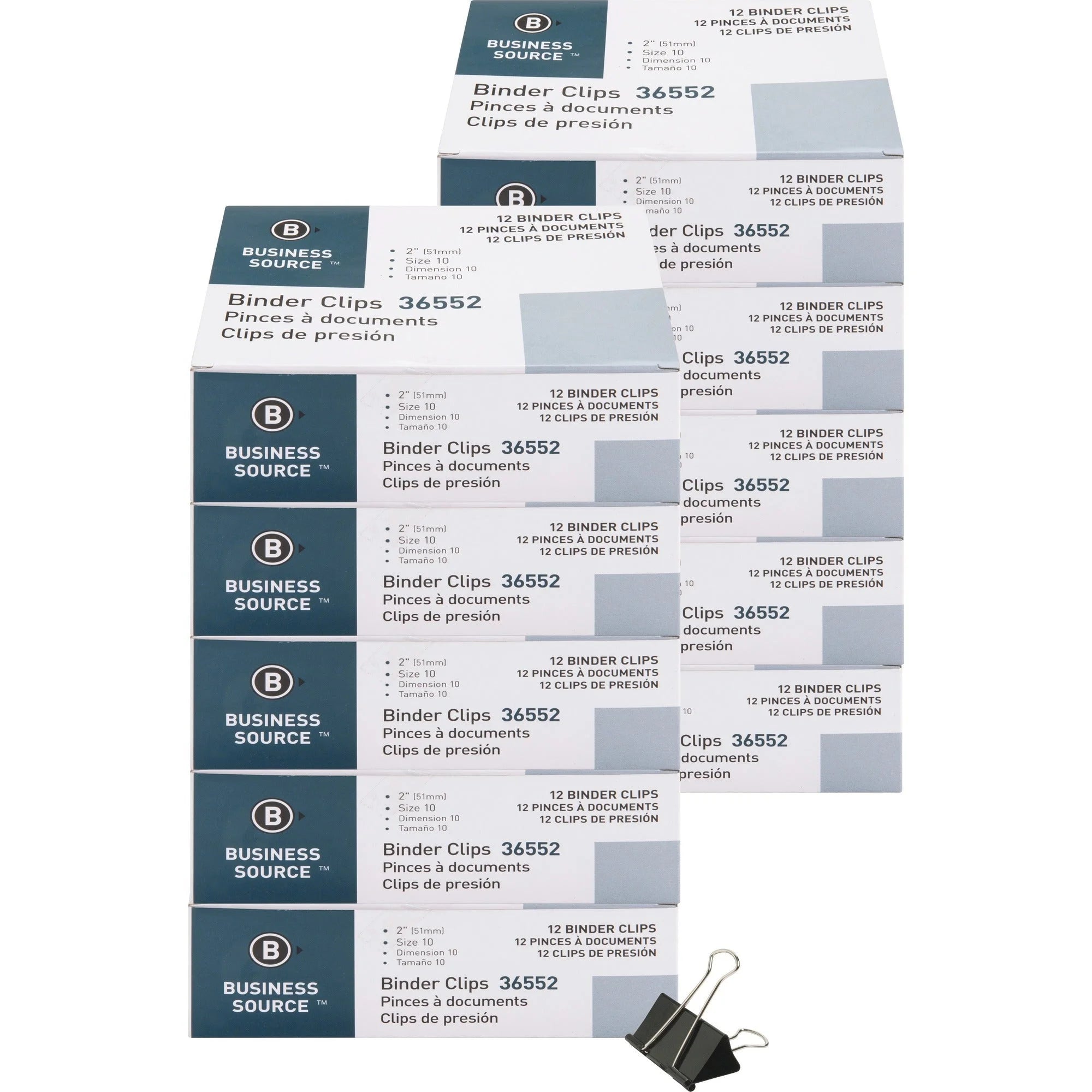 Business Source Large Binder Clips - 2’’ Length x Width - 1’’ Capacity - Black Steel - 1 Dozen/Box - Bulldog