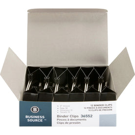 Business Source Large Binder Clips - 2’’ Length x Width - 1’’ Capacity - Black Steel - 1 Dozen - Bulldog