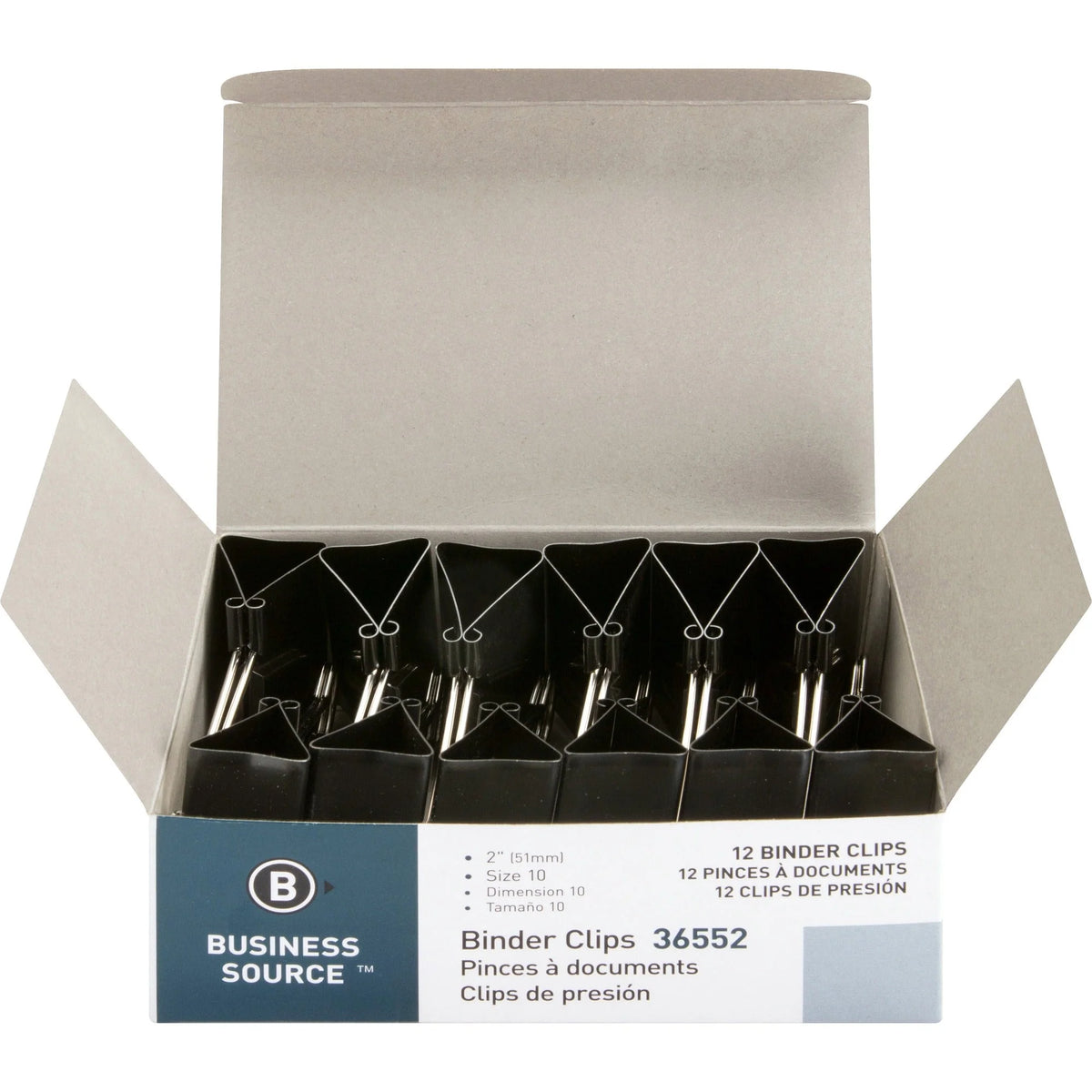 Business Source Large Binder Clips - 2’’ Length x Width - 1’’ Capacity - Black Steel - 1 Dozen - Bulldog
