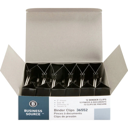Business Source Large Binder Clips - 2’’ Length x Width - 1’’ Capacity - Black Steel - 1 Dozen - Bulldog