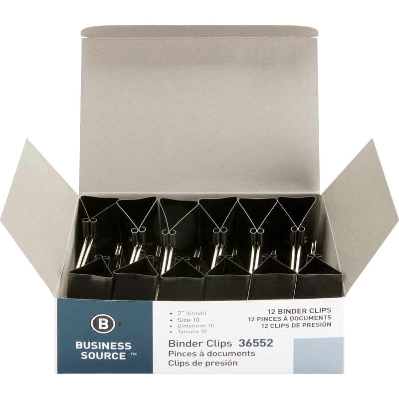 Business Source Large Binder Clips - 2’’ Length x Width - 1’’ Capacity - Black Steel - 1 Dozen - Bulldog