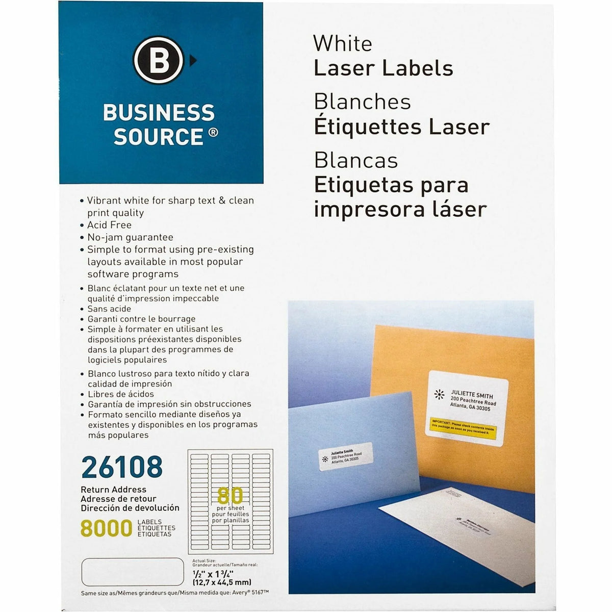 Business Source Laser Labels: 1/2’’ x 1 3/4’’ Rectangle White Permanent Adhesive - Address / Shipping Labels