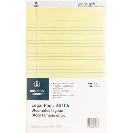 Business Source Legal Pads - 50 Sheets - 0.34’’ Ruled - 16 lb Basis Weight - 8 1/2’’ x 14’’ Sheet Size - Canary Paper