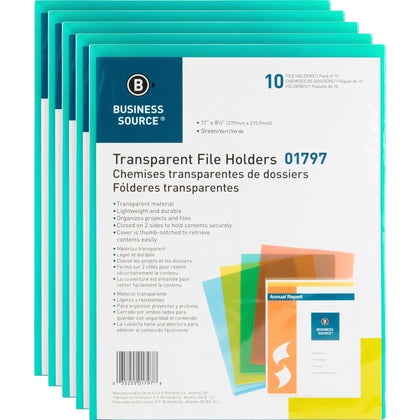 Business Source Letter File Sleeve - 8 1/2’’ x 11’’ - 20 Sheets Capacity - Green - 10/Pack - 5 / Box - Sheet Protectors