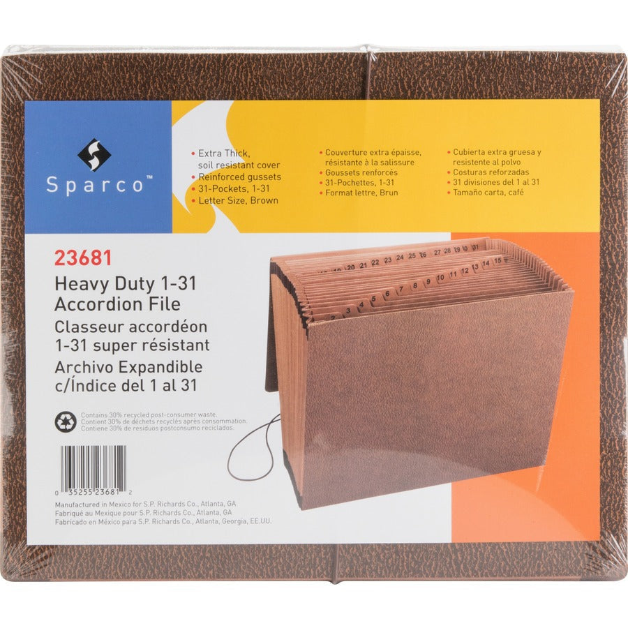Business Source Letter Recycled Expanding File - 8 1/2’’ x 11’’ - 31 Pocket(s) - Brown - 30% - 1 Each - Files