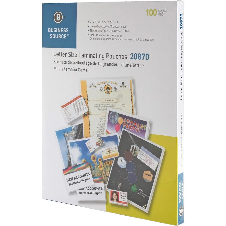 Business Source Letter Size Laminating Pouches - 9x11.50’’ 3 mil - Clear - 100/Box - Supplies