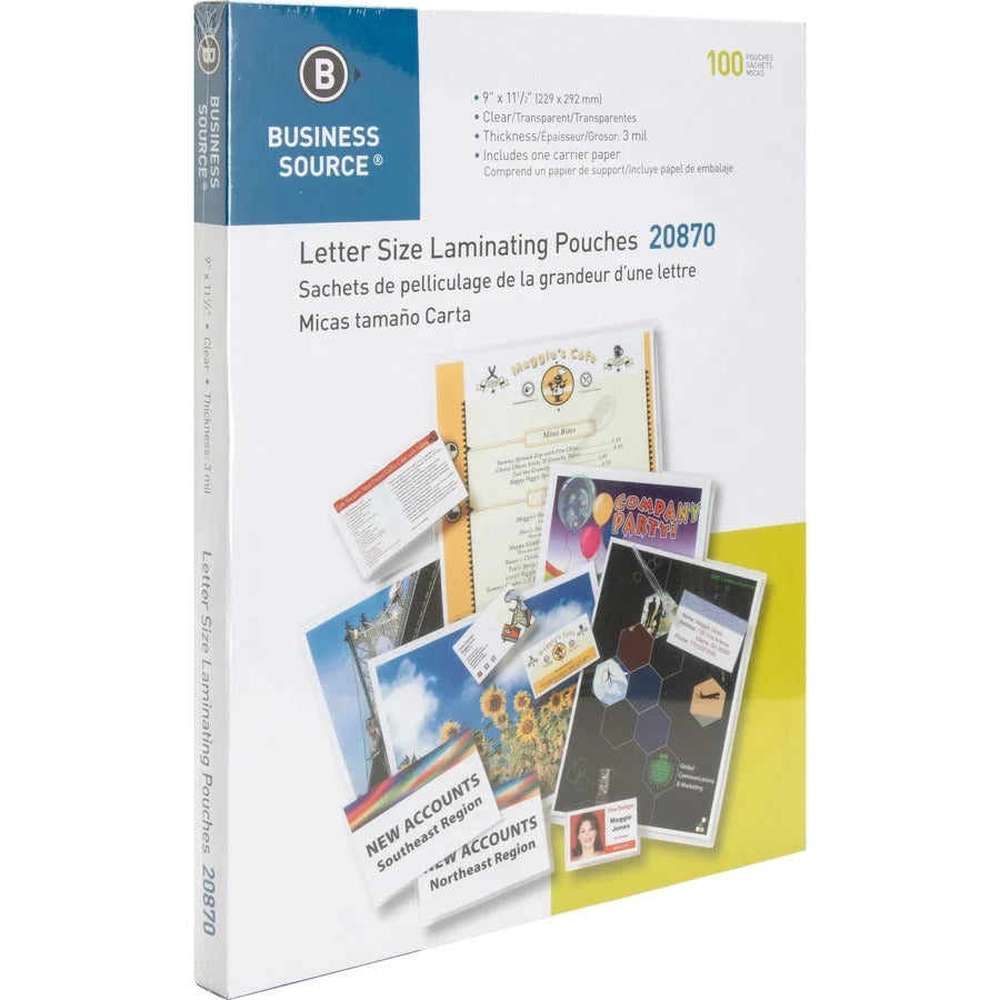 Business Source Letter Size Laminating Pouches - 9x11.50’’ 3 mil - Clear - 100/Box - Supplies