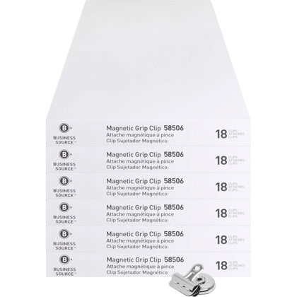 Business Source Magnetic Grip Clips - Heavy Duty Silver for Paper - 18/Box - Binder / Bulldog