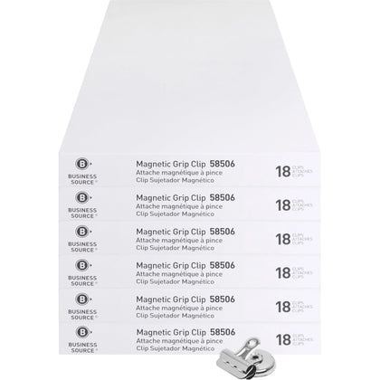 Business Source Magnetic Grip Clips - Heavy Duty Silver for Paper - 18/Box - Binder / Bulldog
