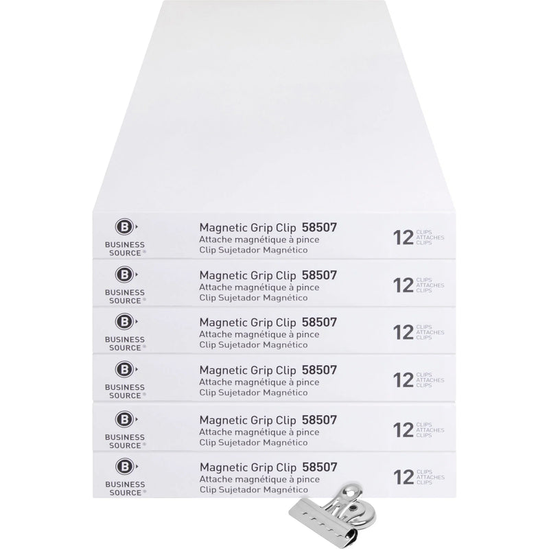 Business Source Magnetic Grip Clips: No. 2 2.3’’ Width Heavy Duty Silver - 12/Box 6/Bundle - Binder / Bulldog Clips