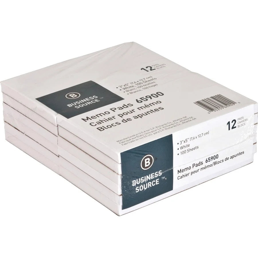 Business Source Memo Pads: 100 Sheets 3’’ x 5’’ Glued Unruled White Paper - Note Pads