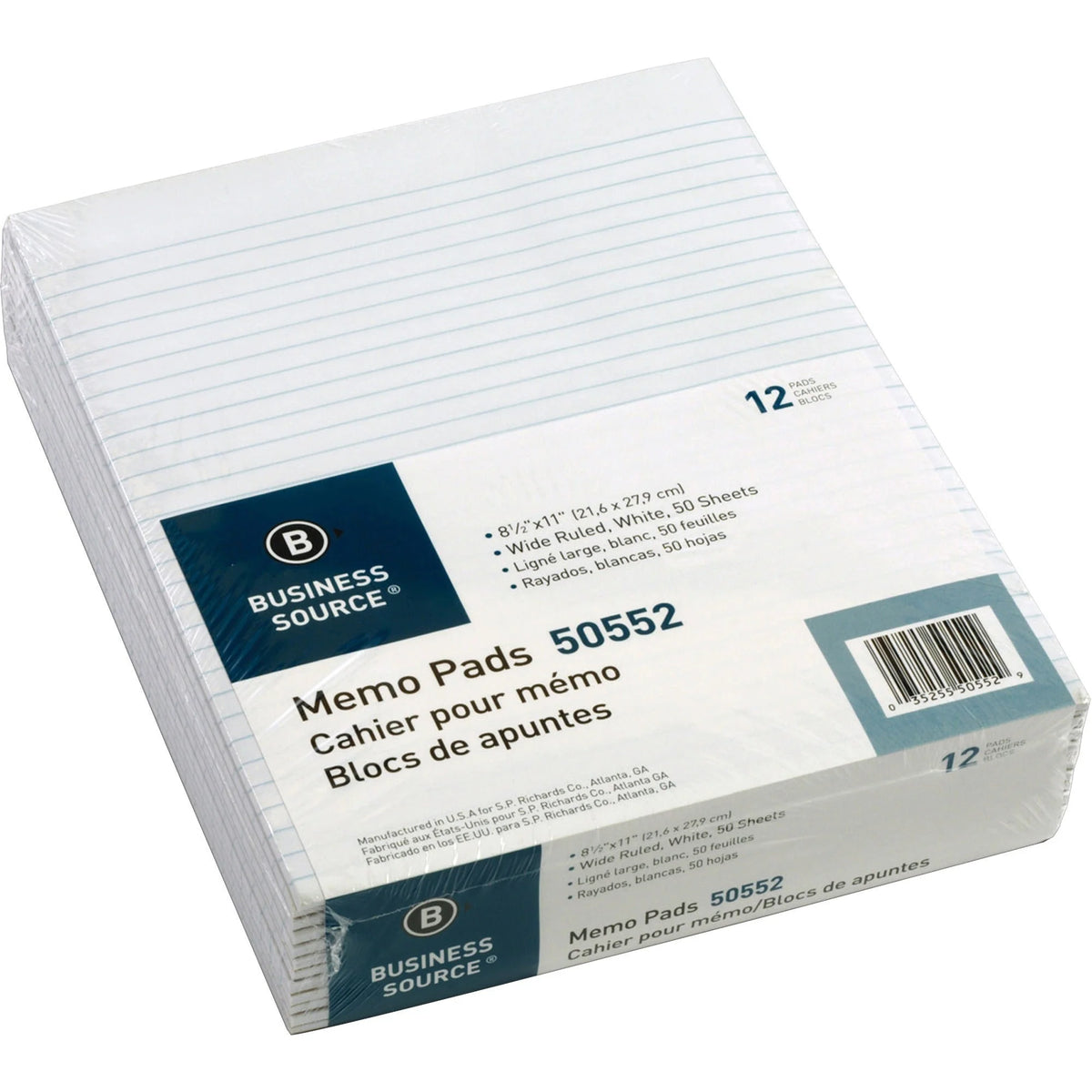 Business Source Memo Pads: Glued Top Wide Ruled - Letter Size - 50 Sheets - Note Pads