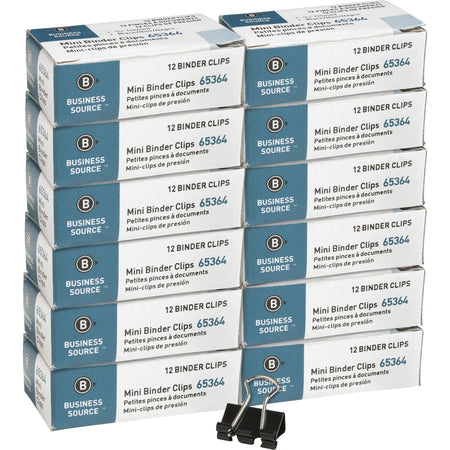 Business Source Mini Binder Clips - 0.6’’ Width - 0.25’’ Size Capacity - Black Steel - 12/Pack - Bulldog