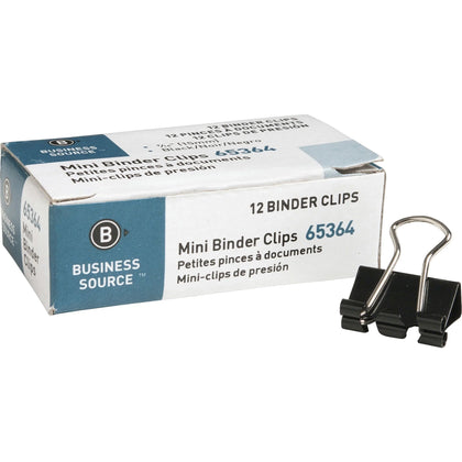 Business Source Mini Fold-back Binder Clips - 0.6’’ Width - 0.25’’ Capacity - Black Steel - 1 Dozen - Bulldog