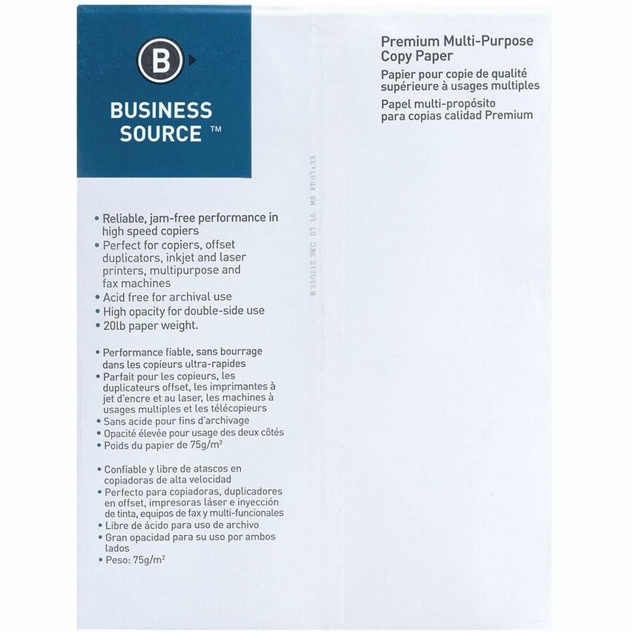 Business Source Multipurpose Copy Paper - White - 92 Brightness - Letter - 8 1/2’’ x 11’’ - 20 lb Basis Weight
