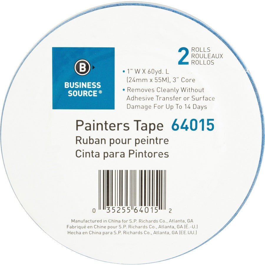 Business Source Multisurface Painter’s Tape - 60 yd Length x 1’’ Width 5.5 mil Thickness - Blue - 2 / Pack - Masking