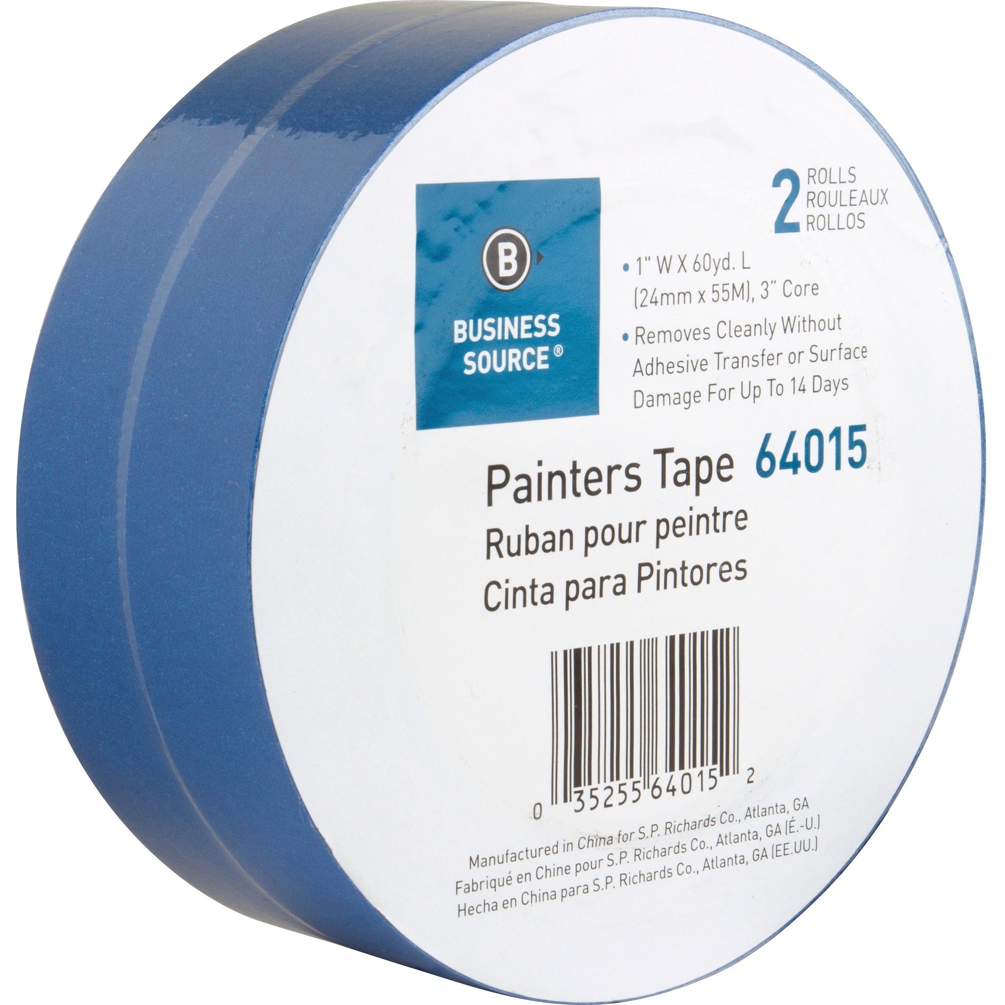 Business Source Multisurface Painter’s Tape - 60 yd Length x 1’’ Width 5.5 mil Thickness - Blue - 2 / Pack - Masking