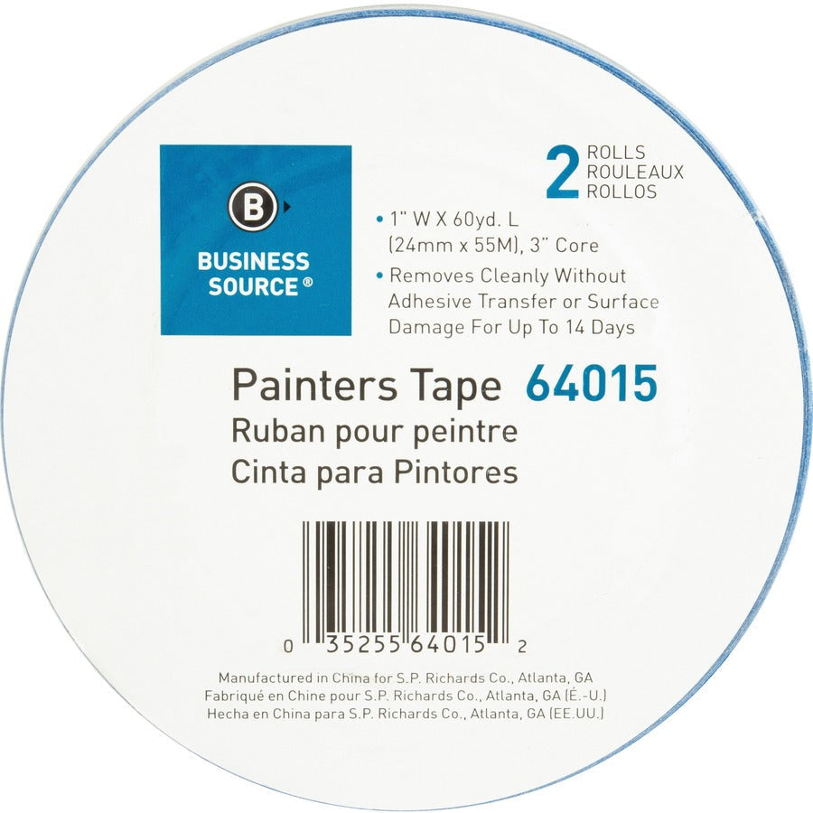 Business Source Multisurface Painter’s Tape - 60 yd Length x 1’’ Width 5.5 mil Thickness - Blue - 2 / Pack - Masking