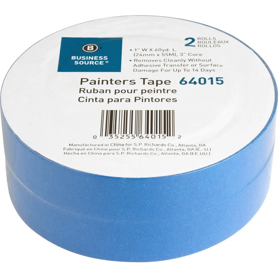 Business Source Multisurface Painter’s Tape - 60 yd Length x 1’’ Width 5.5 mil Thickness - Blue - 2 / Pack - Masking